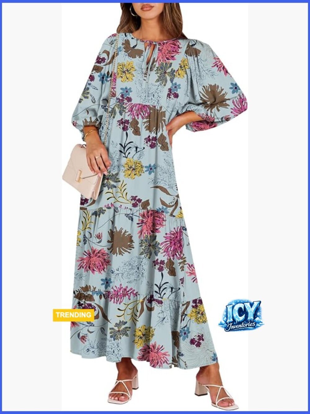 Rayon Maxi Dress with Puff Sleeves and V-Neck for Casual Wear